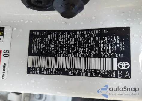 2014 Toyota Corolla Eco/Eco Plus/Eco Premium z USA, uszkodzony, nr VIN 5YFBPRHE5EP090719